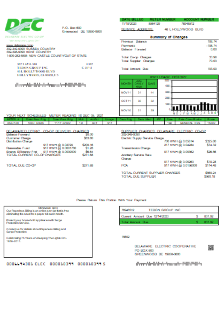 Delaware Electric Co op utility business bill,  SCR PSD template